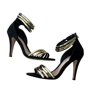 Aldo Black Gold Leinan Stiletto Heels Zip Open Toe Shoes